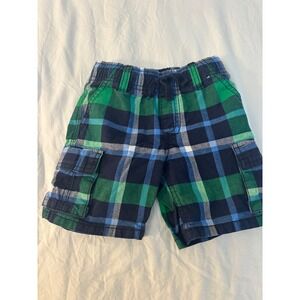 Gymboree Boys Green Navy Plaid Cargo Shorts Elastic Waist Drawstring SZ ~ 2T